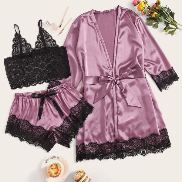 

Floral Lace Satin Lingerie Set With Robe