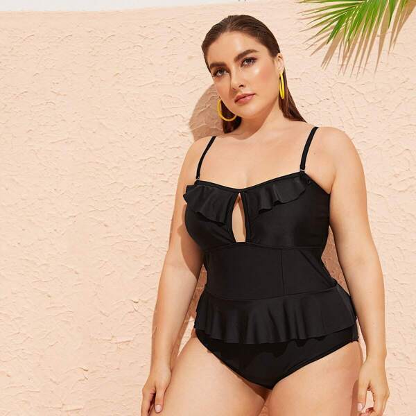 

Plus Ruffle Hem Cut Out One Piece Swimwear, Black