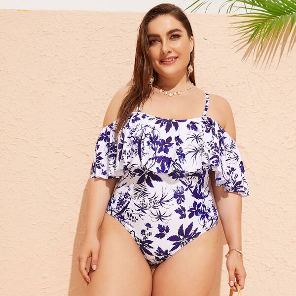 

Plus Tropical Flounce One Piece Swimwear, Multicolor