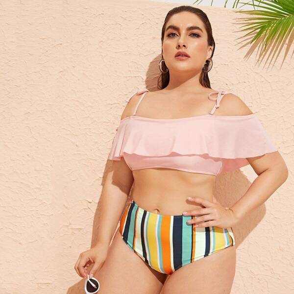 

Plus Flounce Top With Striped Bikini Set, Pink pastel