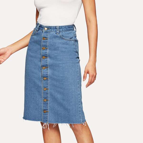 

Button Front Raw Hem Denim Skirt, Blue