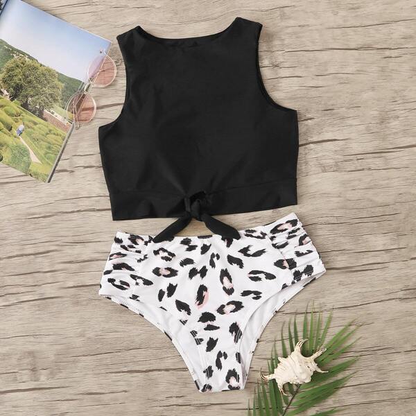 

Knot Hem Top With High Waist Bikini Set