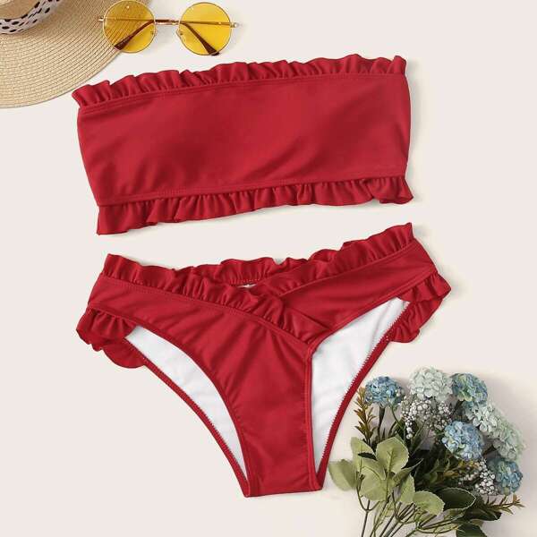 

Frill Trim Bandeau With High Leg Bikini Set