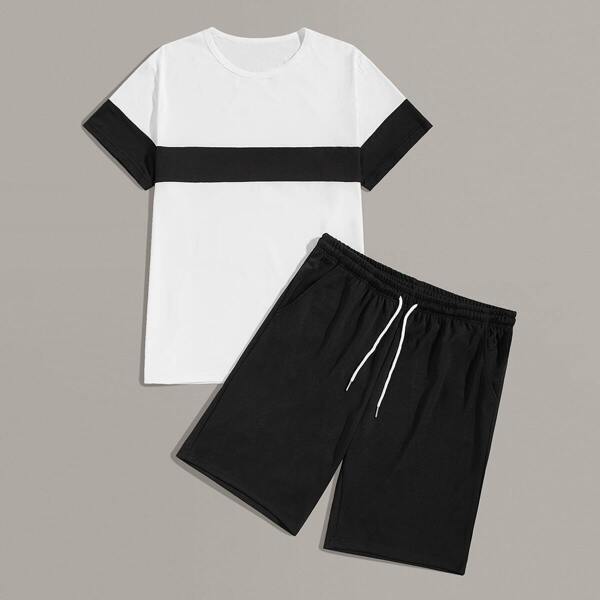 

Men Two Tone Tee With Drawstring Waist Shorts