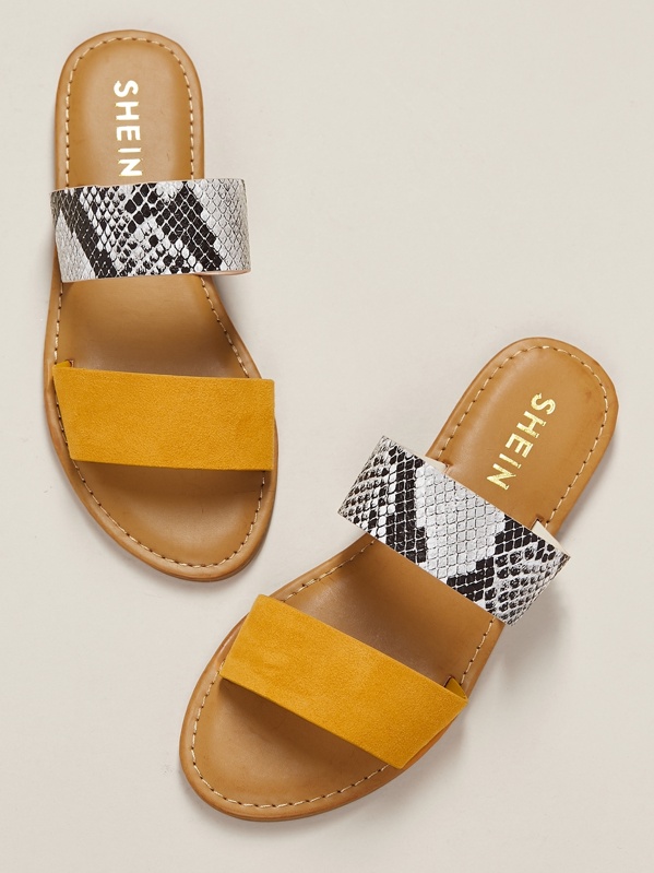 

Yellow Snake Two Band Open Toe Flat Sandals, Multicolor