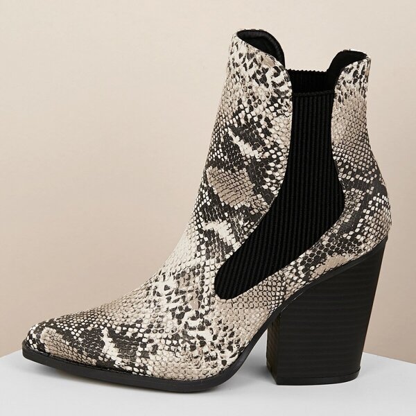 

Pointy Toe Stretch Sides Chunky Heel Snake Boots, Multicolor