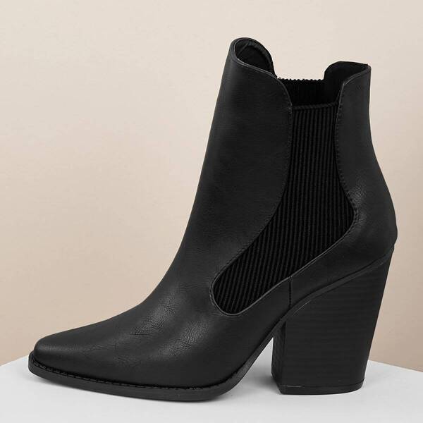 

Pointed Toe Side Goring Chunky Heel Ankle Booties, Black