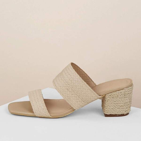 

Double Jute Woven Band Chunky Heel Mule Sandals, Beige