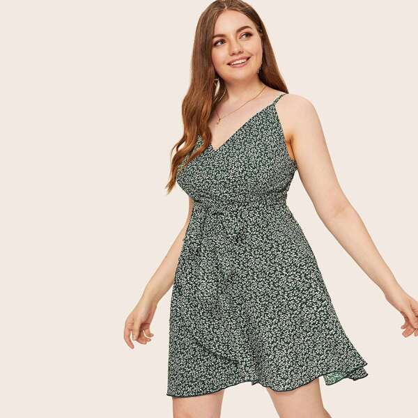 

Plus Ditsy Floral Shirred Back Belted Cami Dress