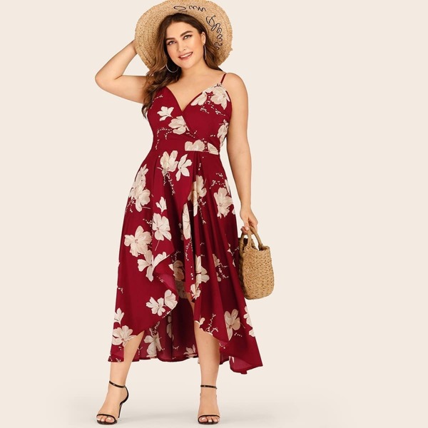 

Plus Floral Print Tulip Hem Cami Dress, Burgundy