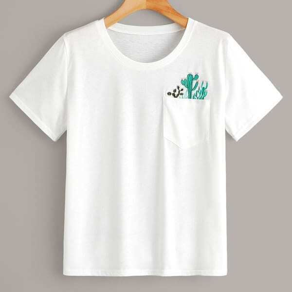 

Plus Cactus Embroidery Pocket Short Sleeve Tee, White