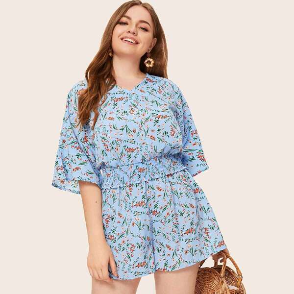 

Plus Ditsy Floral Shirred Waist Blouse & Shorts