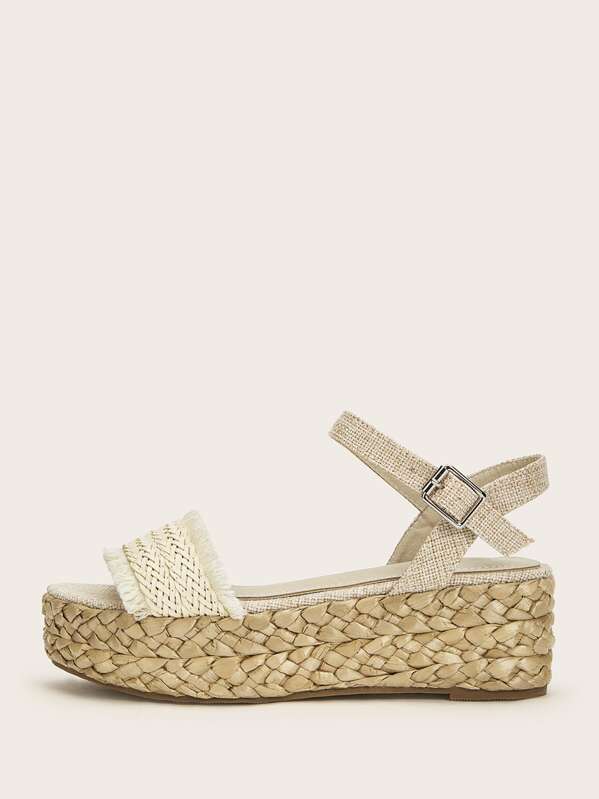 

Fringe Trim Woven Espadrille Sandals, Beige
