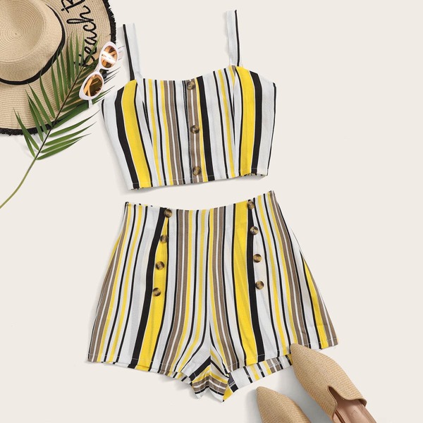 

Multi-striped Button Front Crop Top & Shorts