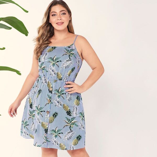 

Plus Pineapple & Palm Tree Print Striped Cami Dress, Multicolor