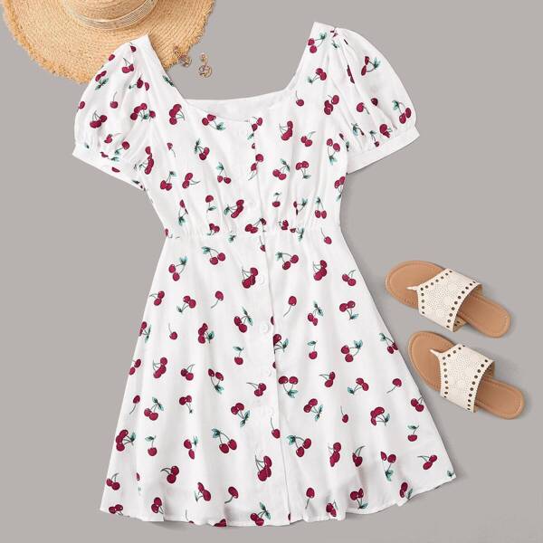 

Button Front Puff Sleeve Flare Cherry Dress, White