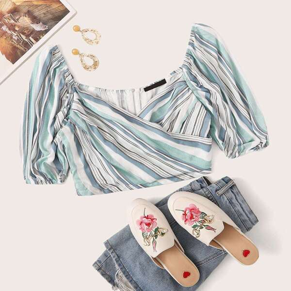 

Puff Sleeve Striped Surplice Crop Top, Multicolor