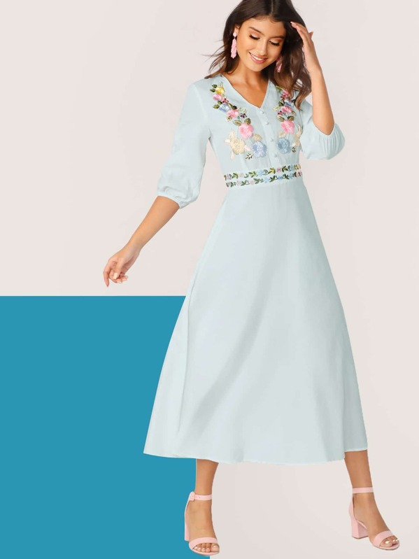 

V-neck Embroidered Floral Fit & Flare Dress, Blue, Lisi Witt