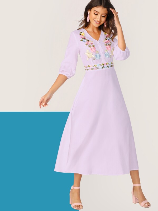 

V-neck Embroidered Floral Fit & Flare Dress, Purple, Lisi Witt