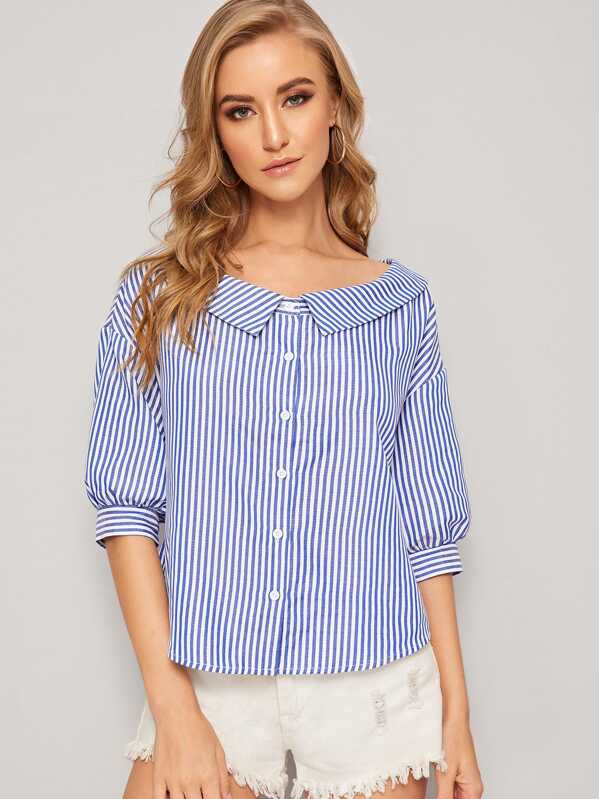 

Button Front Curved Hem Striped Blouse, Blue, Vikie