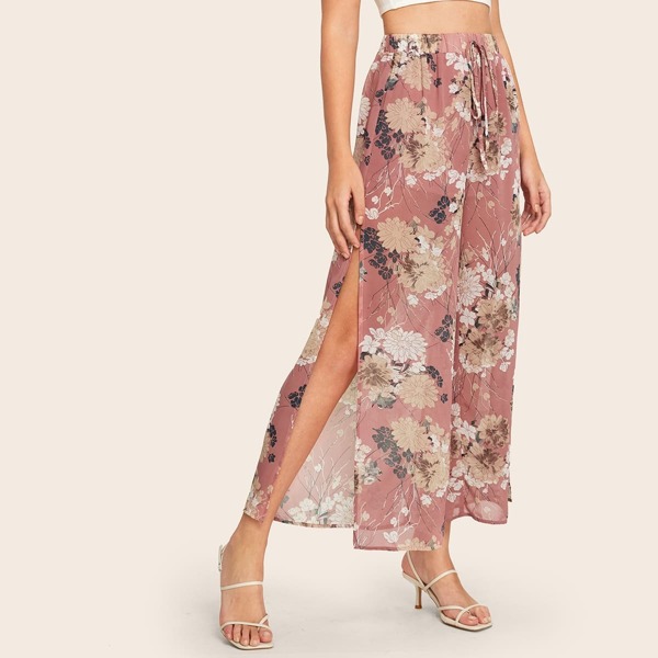 

Drawstring Waist Split Thigh Floral Print Pants
