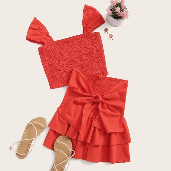Smocked Crop Top & Tie Waist Layered Ruffle Skirt Set, Red bright