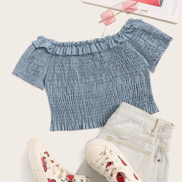 

Off The Shoulder Shirred Ruffle Trim Crop Top