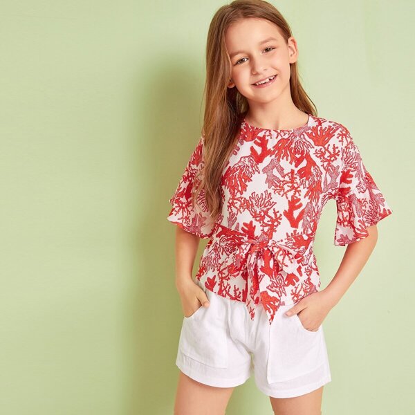 Girls Flounce Sleeve Coral Print Top With Belt