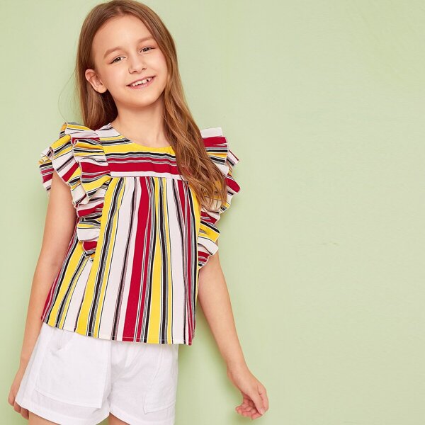

Girls Layered Ruffle Armhole Striped Top