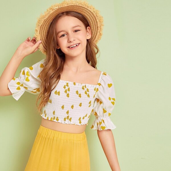 

Girls Frill Trim Flounce Sleeve Shirred Crop Top