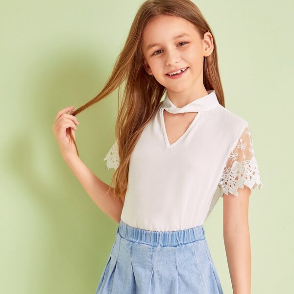 

Girls Mock-Neck Guipure Lace Sleeve Peekaboo Top