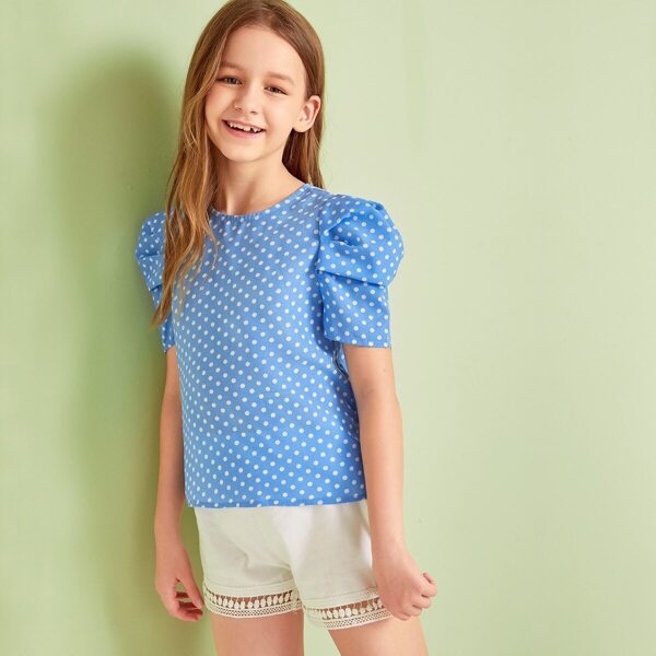 

Girls Keyhole Back Puff Sleeve Dot Top
