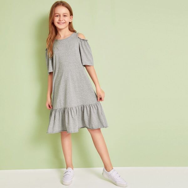 

Girls Cold Shoulder Ruffle Hem Heather Grey Dress