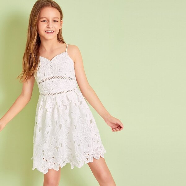 

Girls Zipper Back Guipure Lace Cami Flare Dress, White