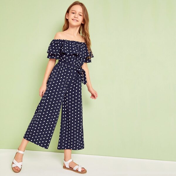 

Girls Off Shoulder Foldover Wide Leg Polka Dot Jumpsuit, Navy blue