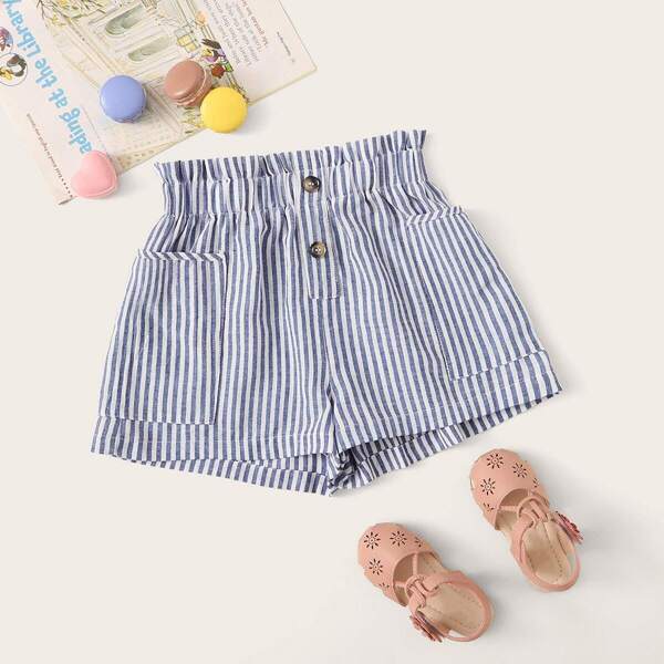 

Girls Frill Trim Pocket Patched Striped Shorts