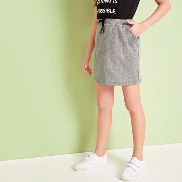 

Girls Tie Front Slant Pocket Rib-knit Skirt