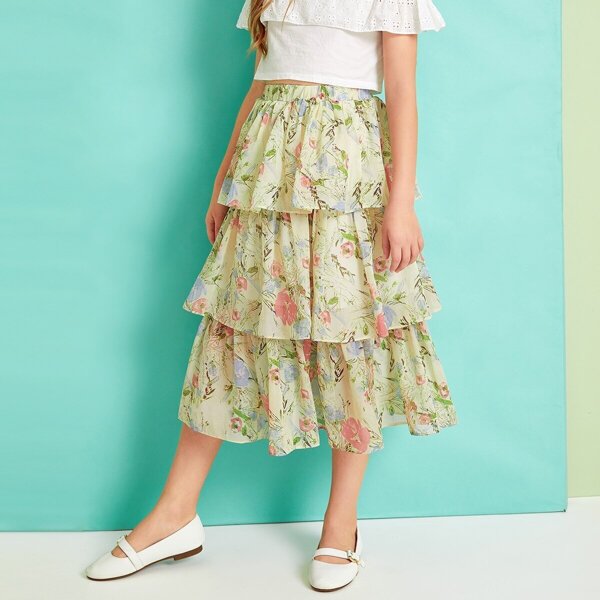 

Girls Floral Print Layered Ruffle Hem Skirt, Multicolor