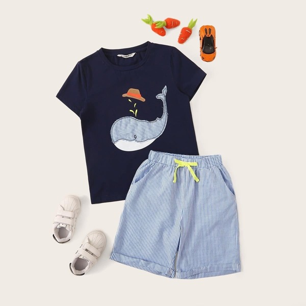 

Boys Embroidered Whale Top and Rolled Hem Shorts Set, Multicolor