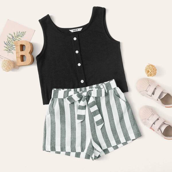 

Girls Buttoned Tank Top & Belted Striped Shorts Set