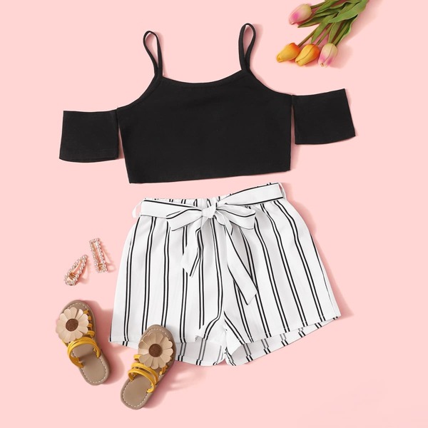 

Girls Cold Shoulder Crop Top & Striped Belted Shorts Set, Black and white