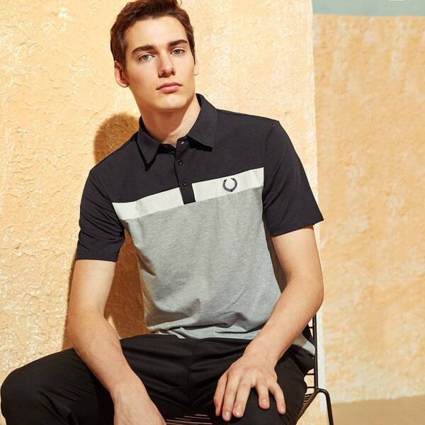 

Men Embroidery Detail Colorblock Polo Shirt, Multicolor