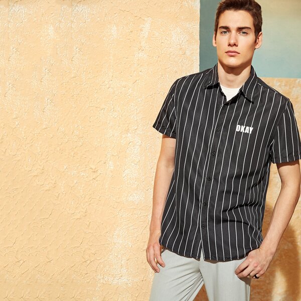 

Men Vertical Striped & Letter Print Shirt