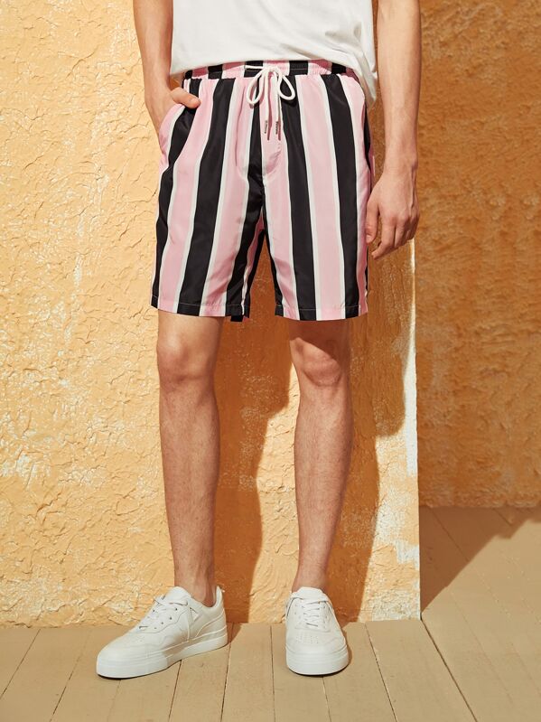 

Men Drawstring Waist Slant Pocket Striped Shorts, Multicolor, Misha