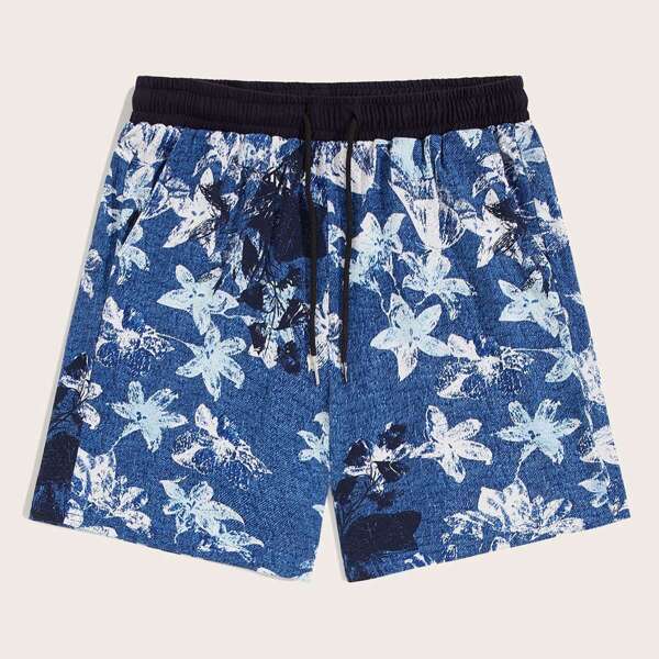 

Men Drawstring Waist Floral Print Shorts