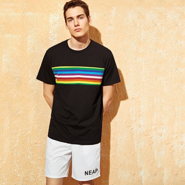 

Men Rainbow Striped Print Tee