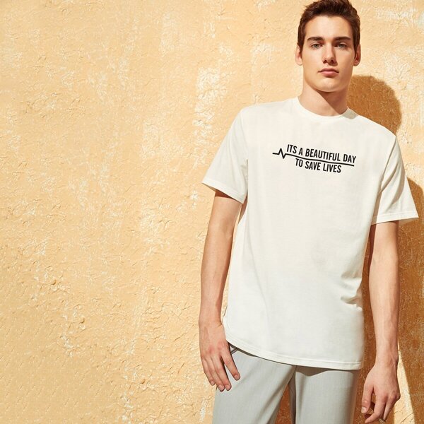 

Men Slogan Print Round Neck Top