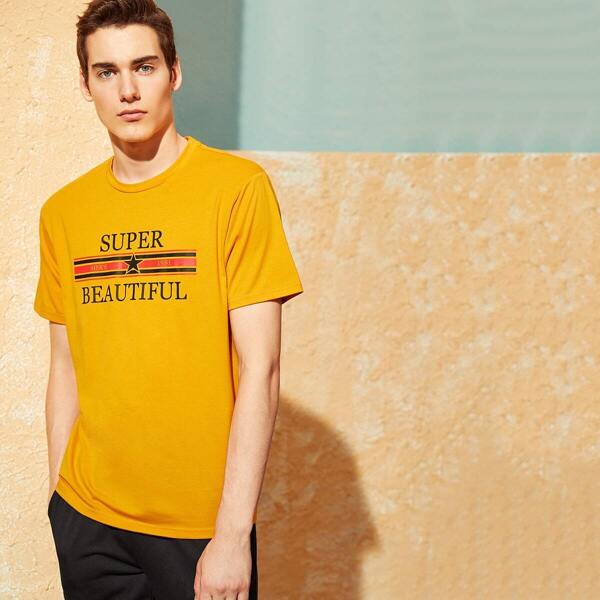 

Men Striped & Letter Print Tee