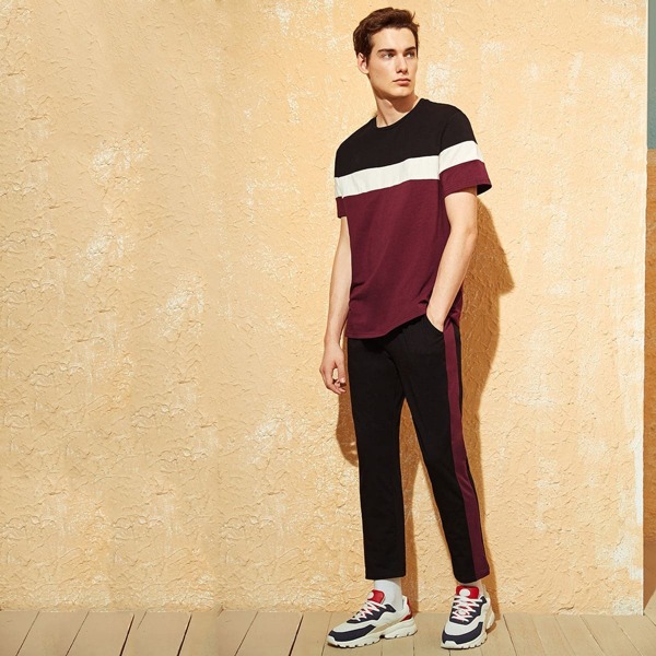 Men Cut-and-sew Top & Striped Side Pants Set, Multicolor