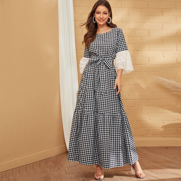

Embroidery Eyelet Cuff Belted Gingham Maxi Dress